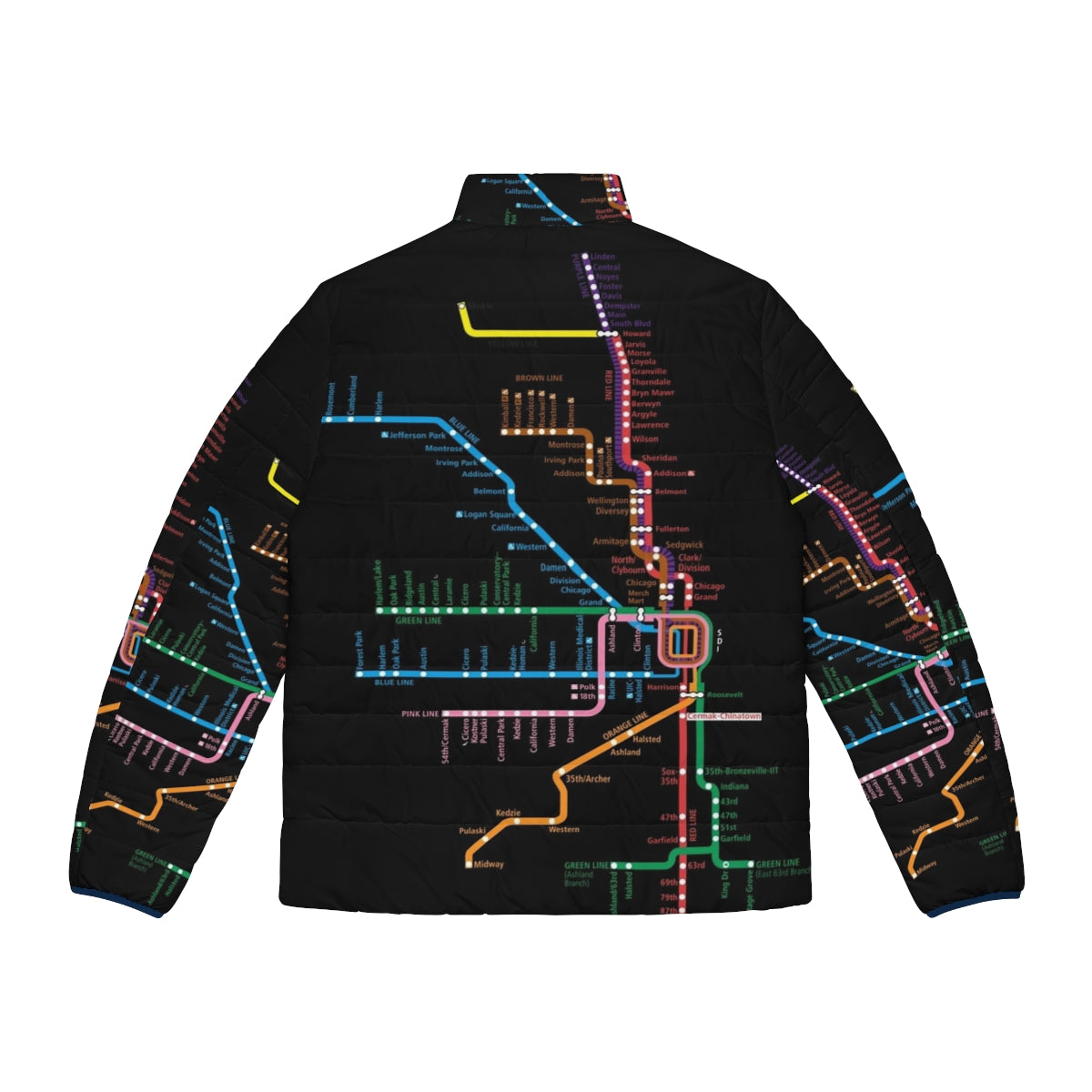 Puffer jacket featuring a Chicago CTA trains transit map design - Back