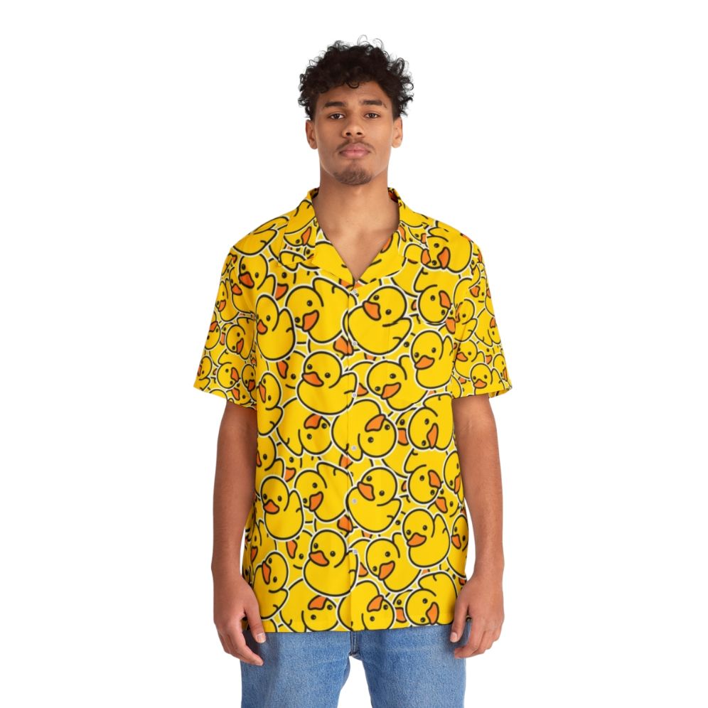 Bright yellow Hawaiian shirt with adorable rubber duck print design - People Front