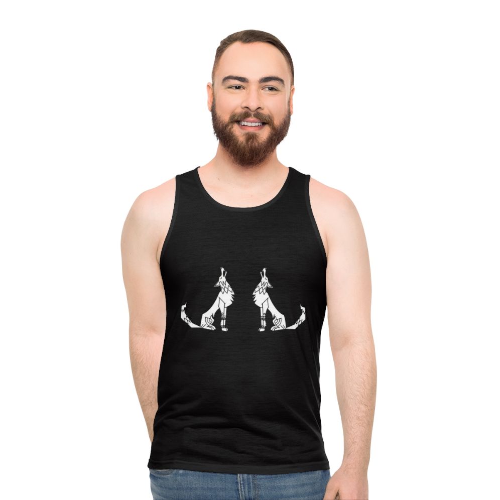 Wolves howling in a forest graphic on a unisex tank top - men