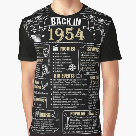 1954 vintage birthday graphic t-shirt with text "Back in 1954" and retro design