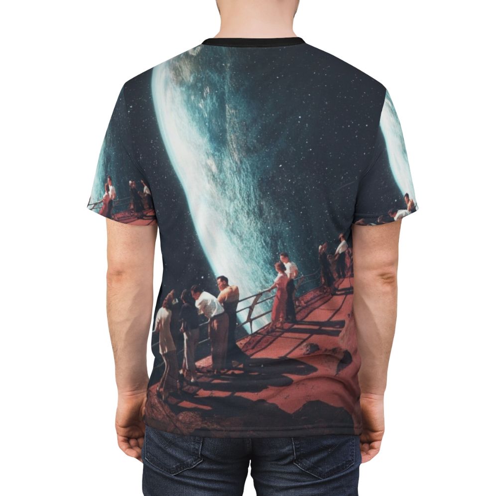 Retro future surreal collage t-shirt featuring a vintage-inspired space exploration design with planets, stars, and a sense of nostalgia. - men back