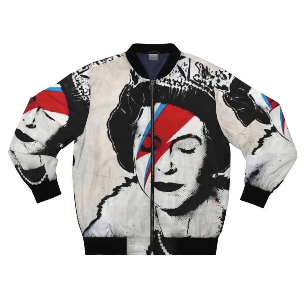 Banksy-inspired bomber jacket featuring a graffiti-style design of Queen Elizabeth II