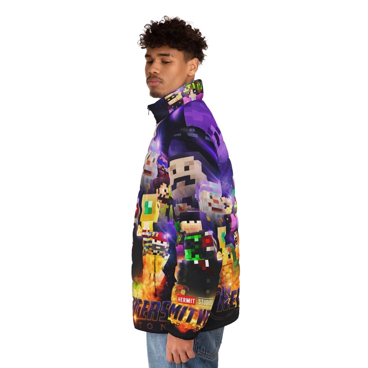 Hermitcraft Puffer Jacket featuring the Button design from Avengers Endgame and Minecraft - men side left