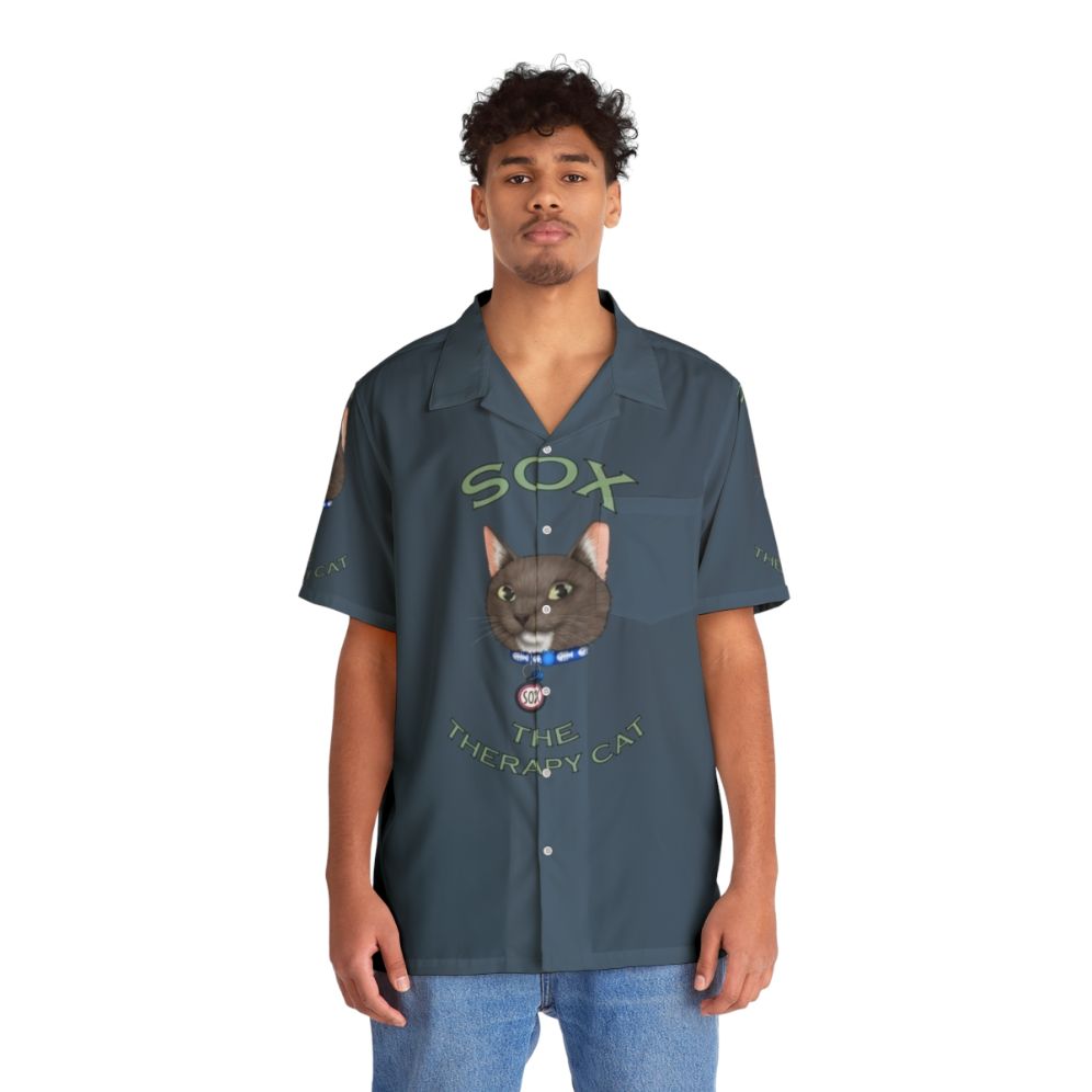 Tropical Cat Hawaiian Shirt with Text - Cartoon Cat Apparel - People Front