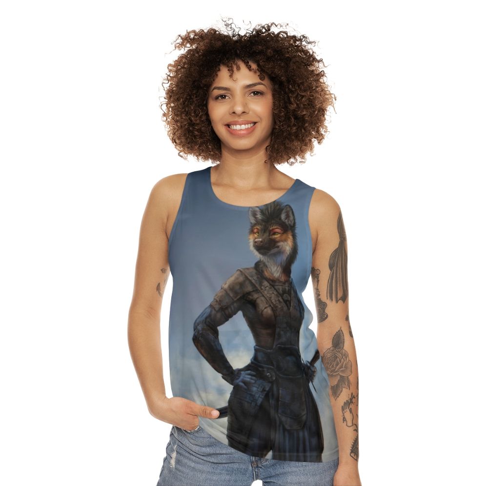 Unisex tank top with anthro canine warrior design - women