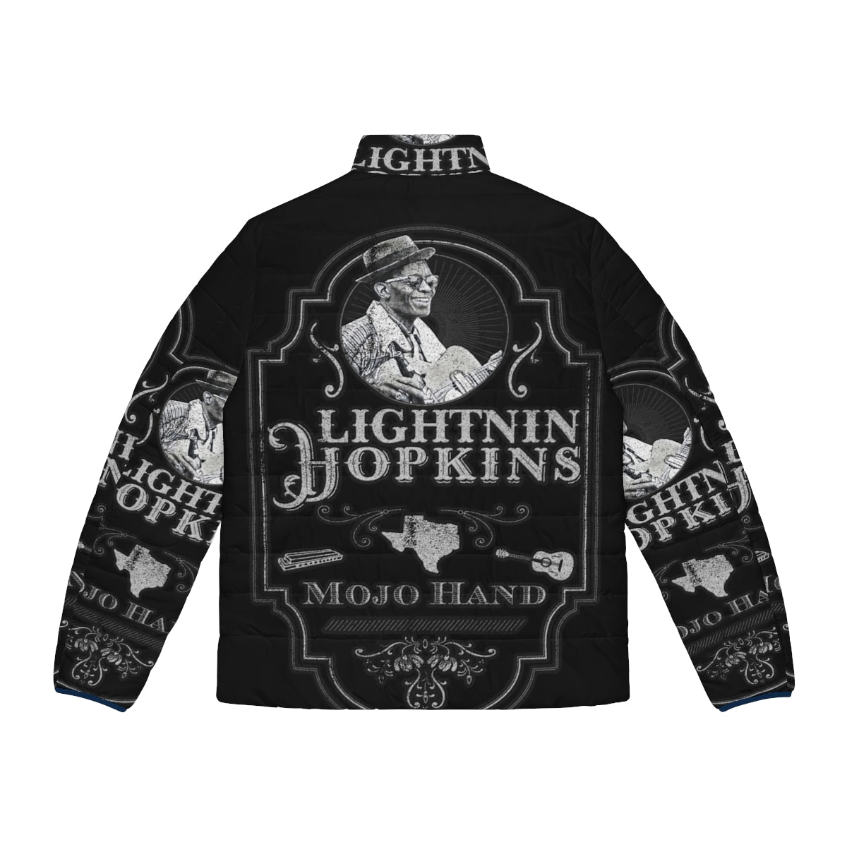 Lightnin' Hopkins Tribute Puffer Jacket with Blues Guitar Artwork - Back