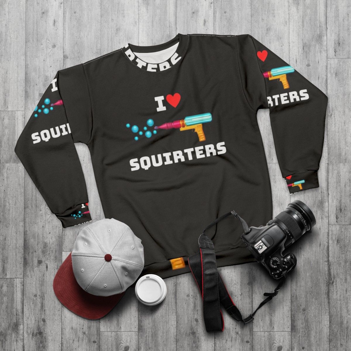 Cute "I Love Squirters" graphic on a cozy sweatshirt - flat lay