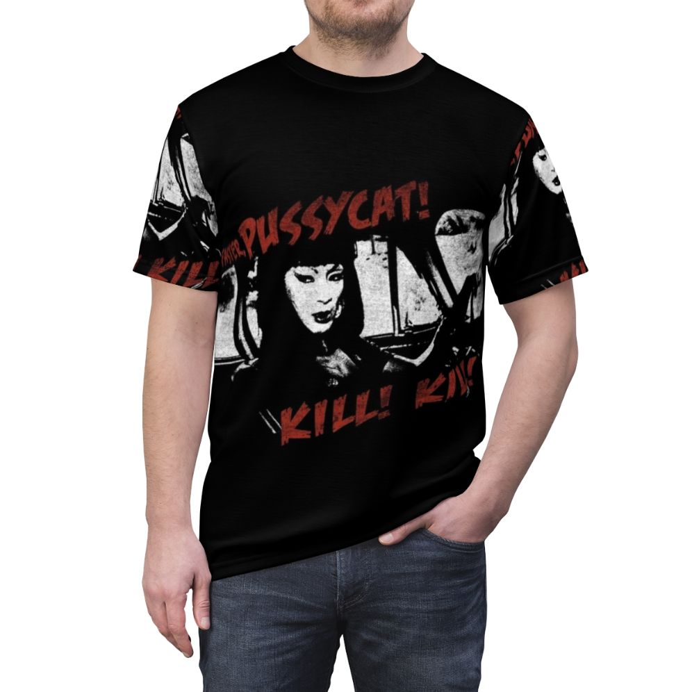 T-shirt featuring a graphic design inspired by the cult classic film and actress Tura Satana - men front