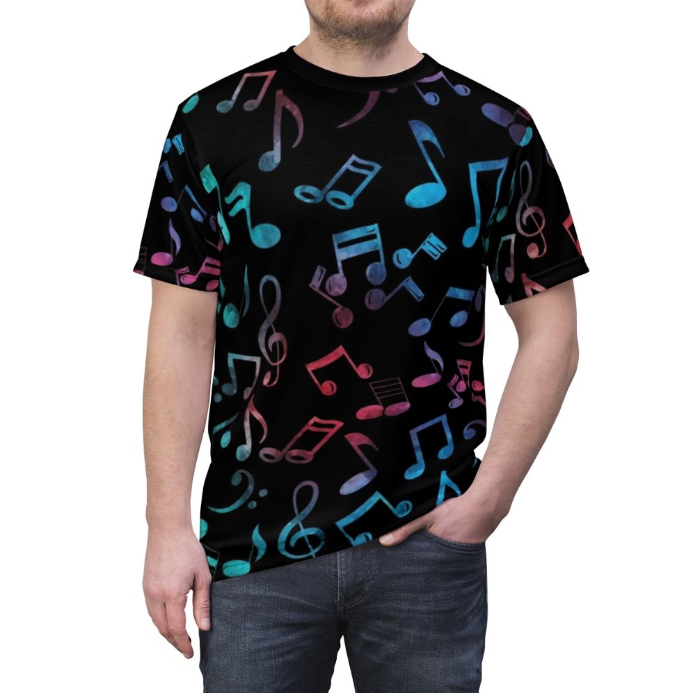 Vibrant multi-color music notes pattern design on a t-shirt, perfect for musicians and music lovers. - men front