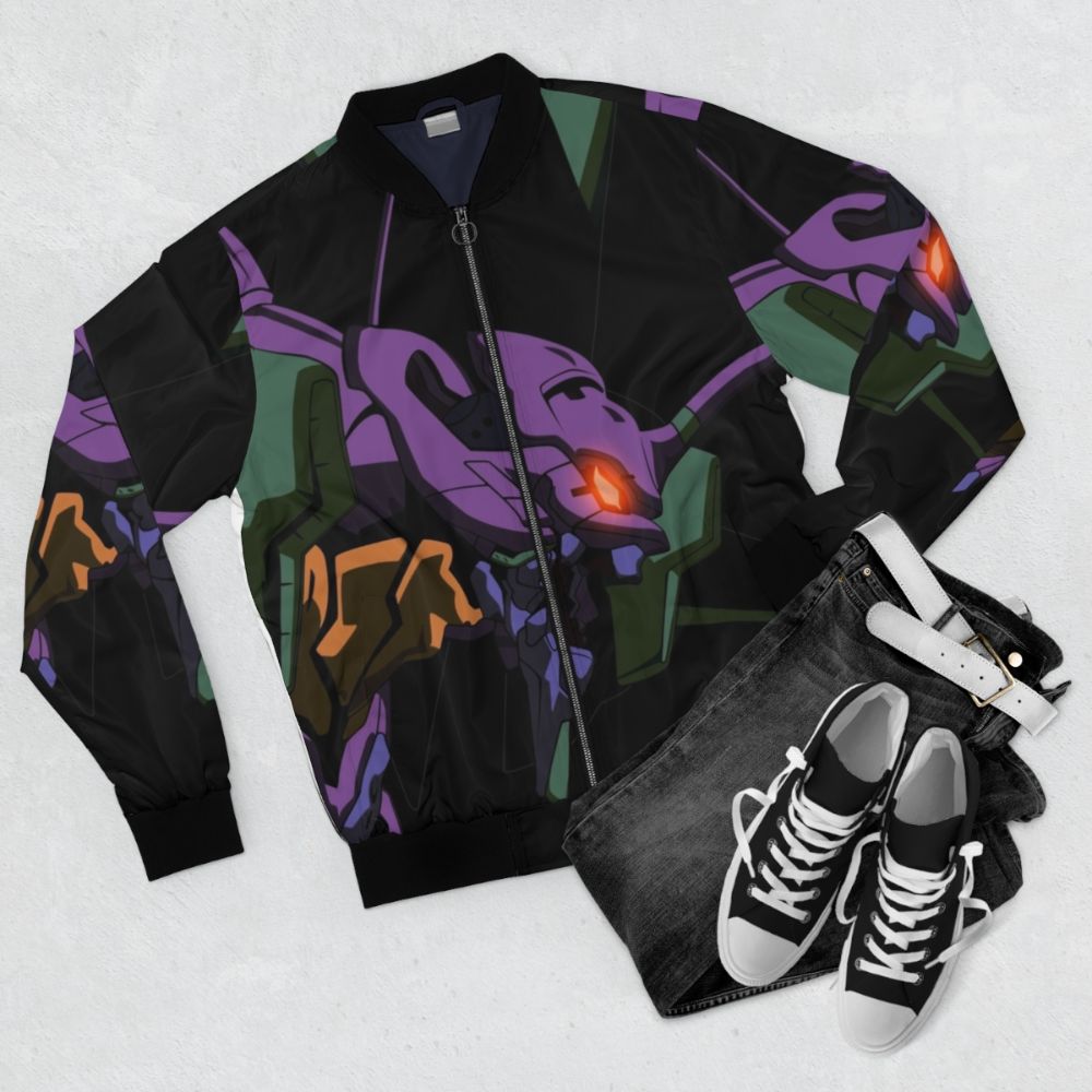 Neon Genesis Evangelion Evangelion Unit-01 Bomber Jacket with Mecha Design - Flat lay