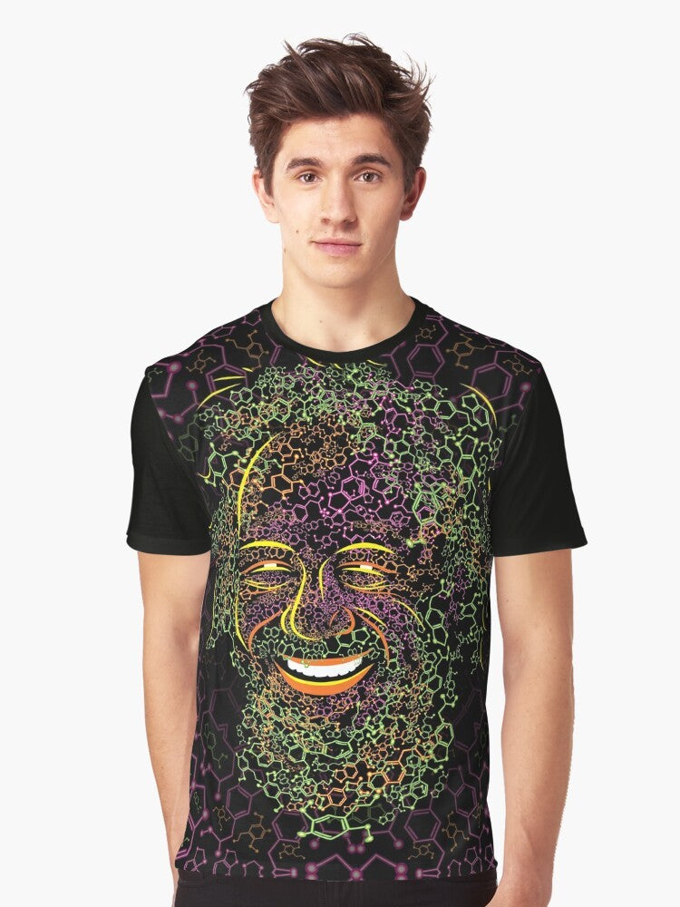 Alexander Shulgin psychedelic portrait graphic t-shirt featuring MDMA and 2C-B molecules - Men