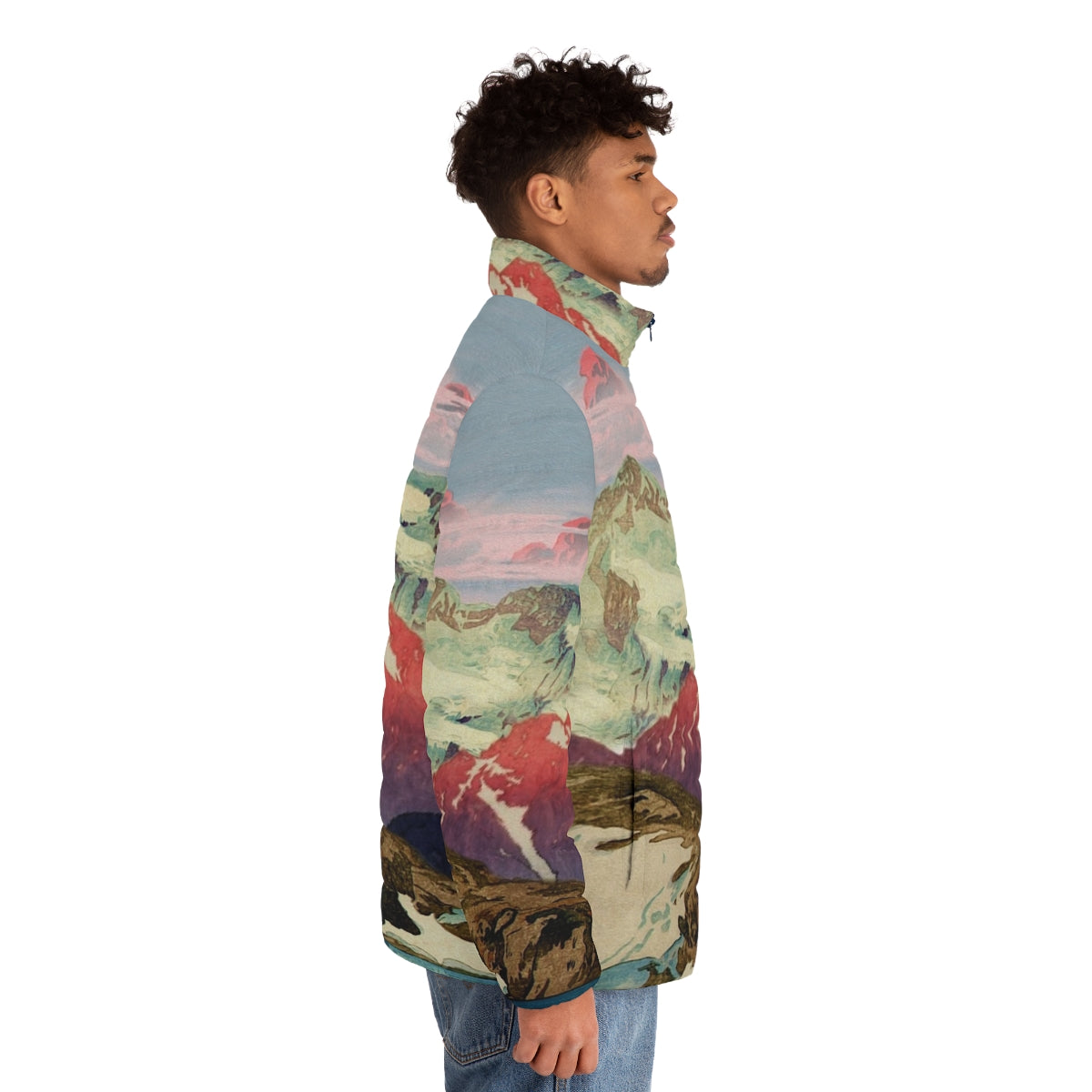 Keiisino Japanese Landscape Puffer Jacket featuring a winter nature scene with mountains, snow, and sunset colors - men side right