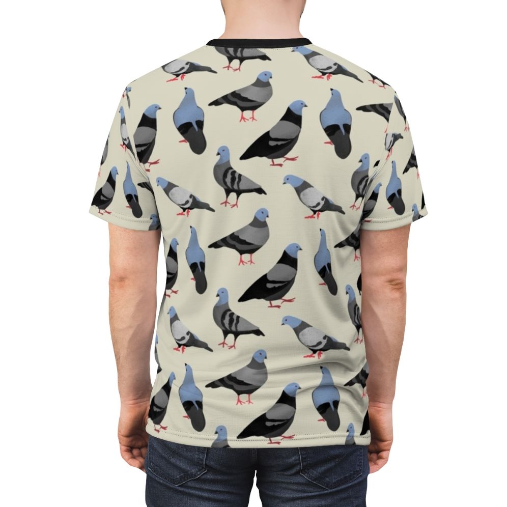 Colorful graphic illustration of pigeons on an all-over-print t-shirt design - men back