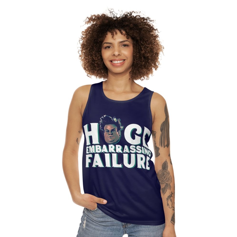 Unisex tank top featuring Chris Farley's iconic 'Huge Embarrassing Failure' character - women