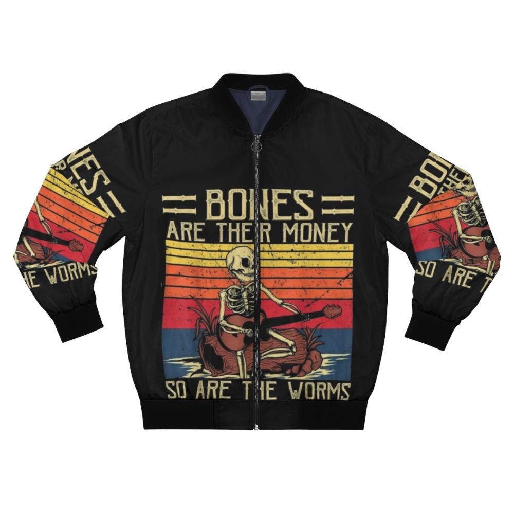 Retro vintage bomber jacket with a skeleton playing a guitar design, inspired by the comedy series "I Think You Should Leave with Tim Robinson".