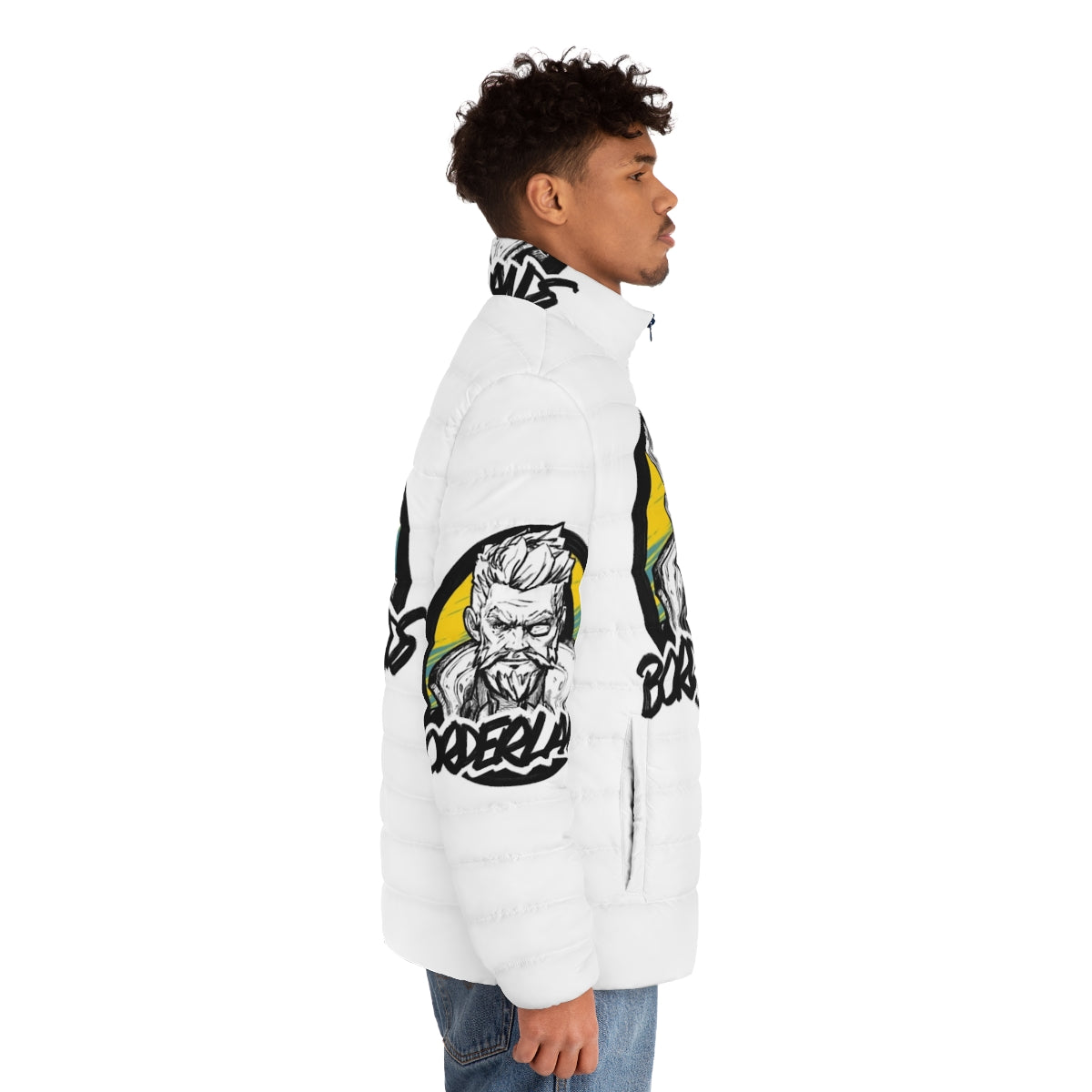 Borderlands-themed puffer jacket with Zane's design - men side right