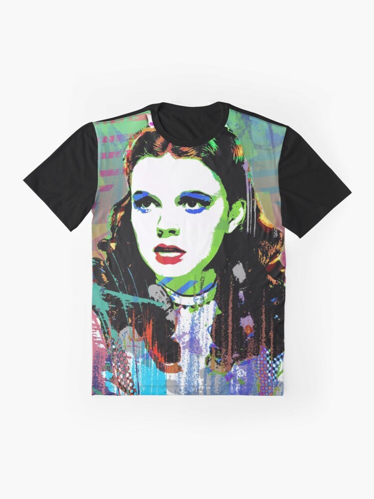 Graphic t-shirt featuring Judy Garland as Dorothy from The Wizard of Oz, a beloved LGBTQ+ icon. - Flat lay