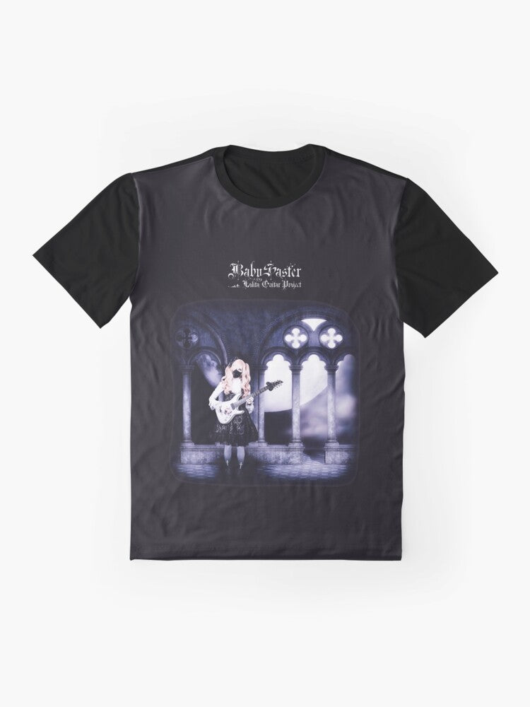 Graphic t-shirt featuring a gothic lolita style youtuber and guitarist - Flat lay