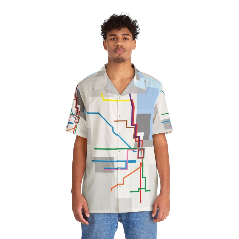 Chicago Transit Map Lake Hawaiian Shirt with City Skyline - People Front