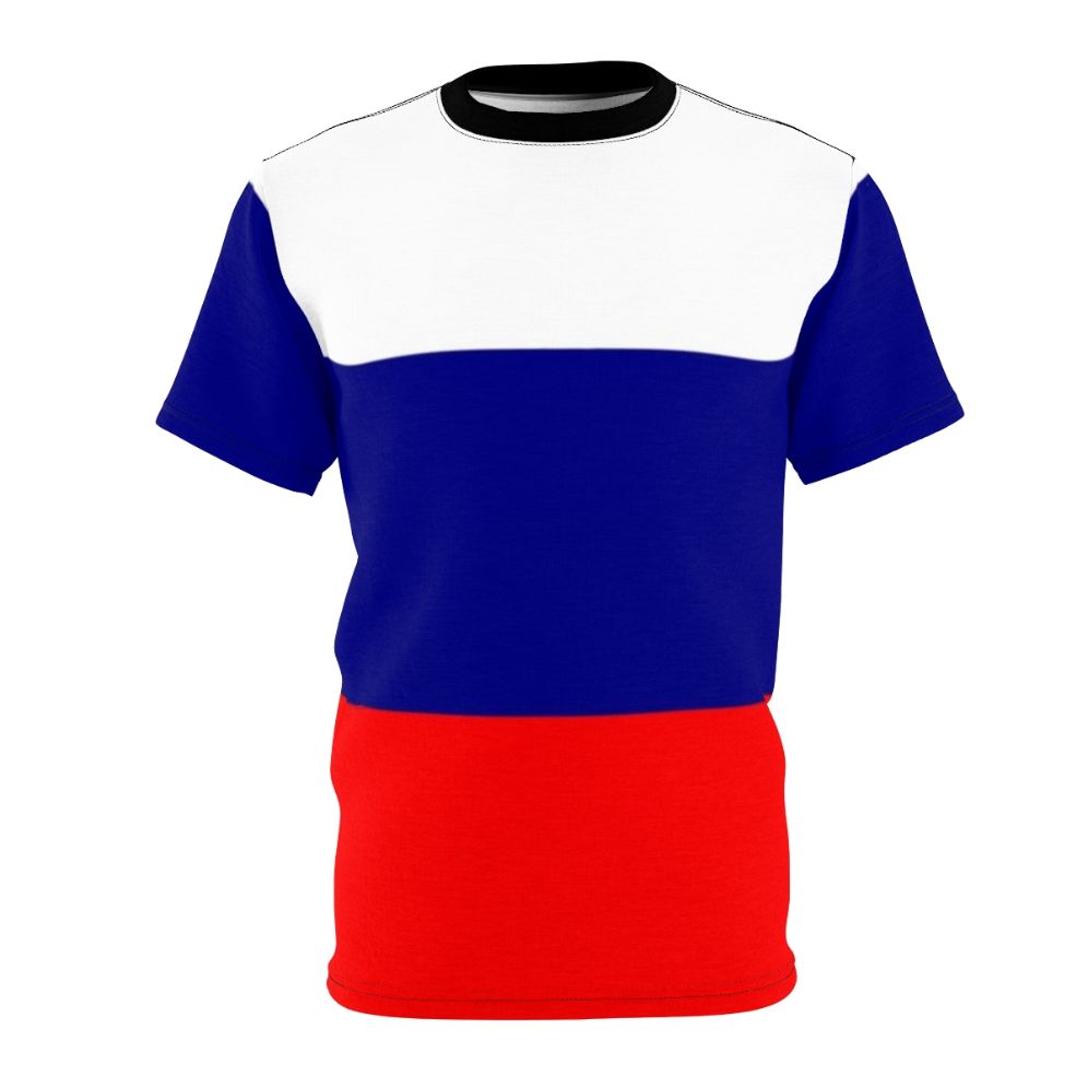 Vibrant Russian tricolor flag printed on a high-quality t-shirt