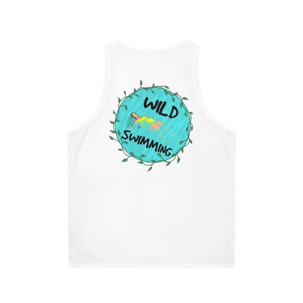 Model wearing the Wild Swimming Unisex Tank Top in a natural outdoor setting - Back