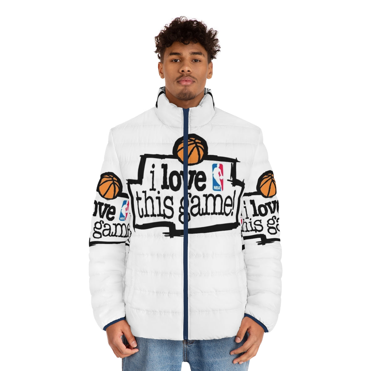 "I Love This Game" puffer jacket with sports fan graphic - men front