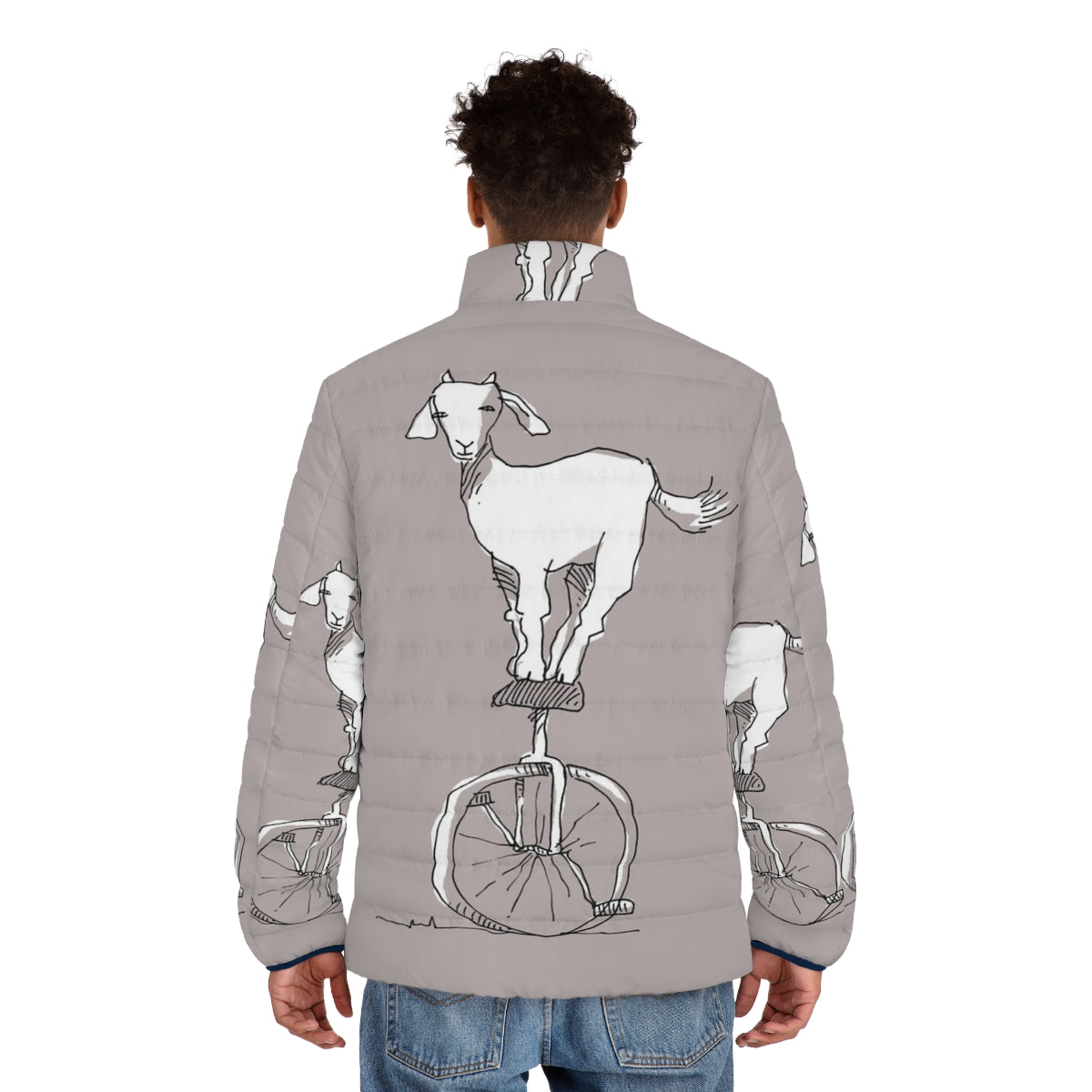 A whimsical puffer jacket featuring a goat balancing on a unicycle in a humorous and unusual design. - men back