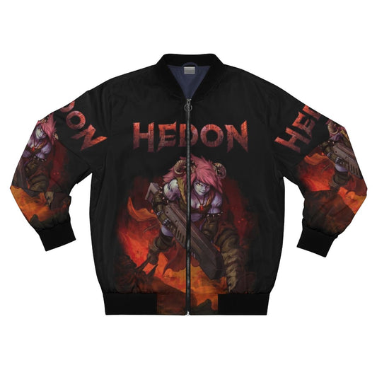 Hedon fantasy video game-inspired bomber jacket with retro-style cover art and splash design