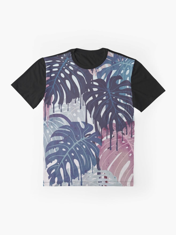 Monstera Melt Graphic T-Shirt featuring a surreal, melting tropical leaf design in blue and pink - Flat lay