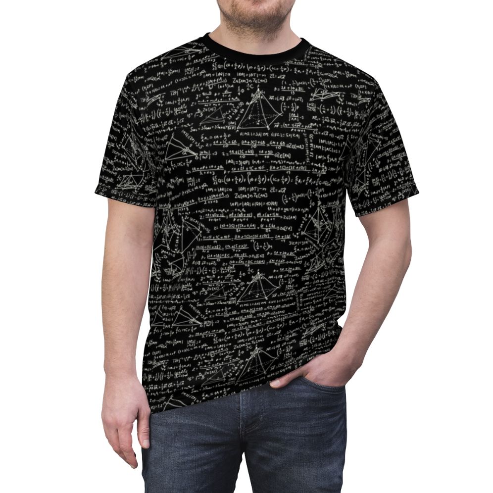 Closeup of a t-shirt featuring various mathematical equations and physics symbols - men front