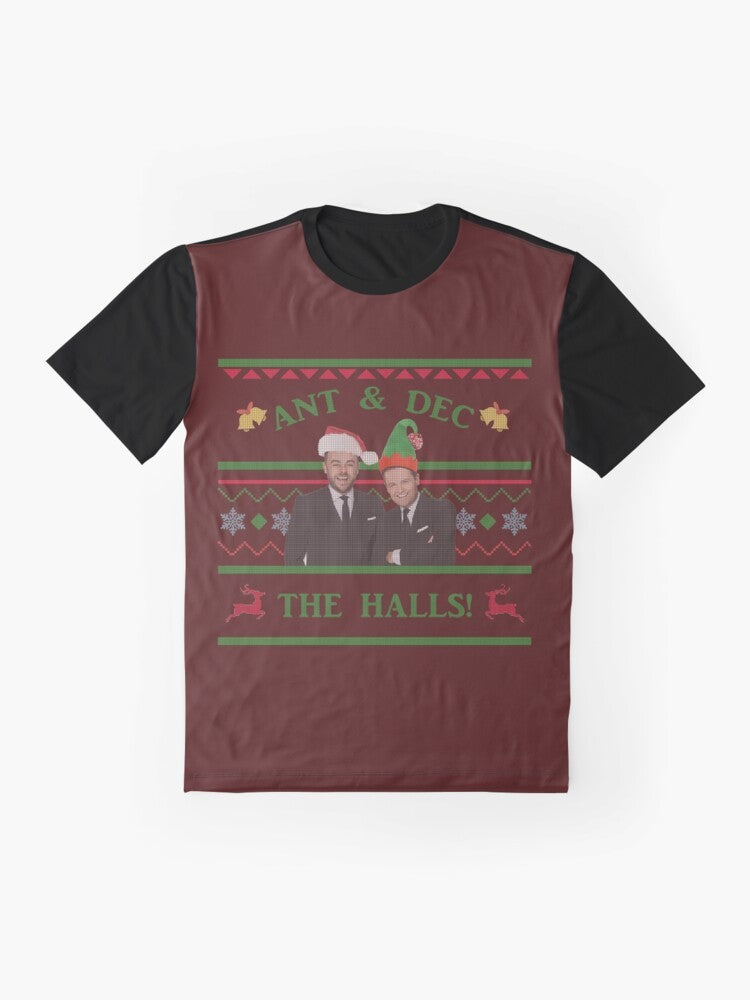 Ant and Dec the halls Christmas sweater graphic t-shirt - Flat lay