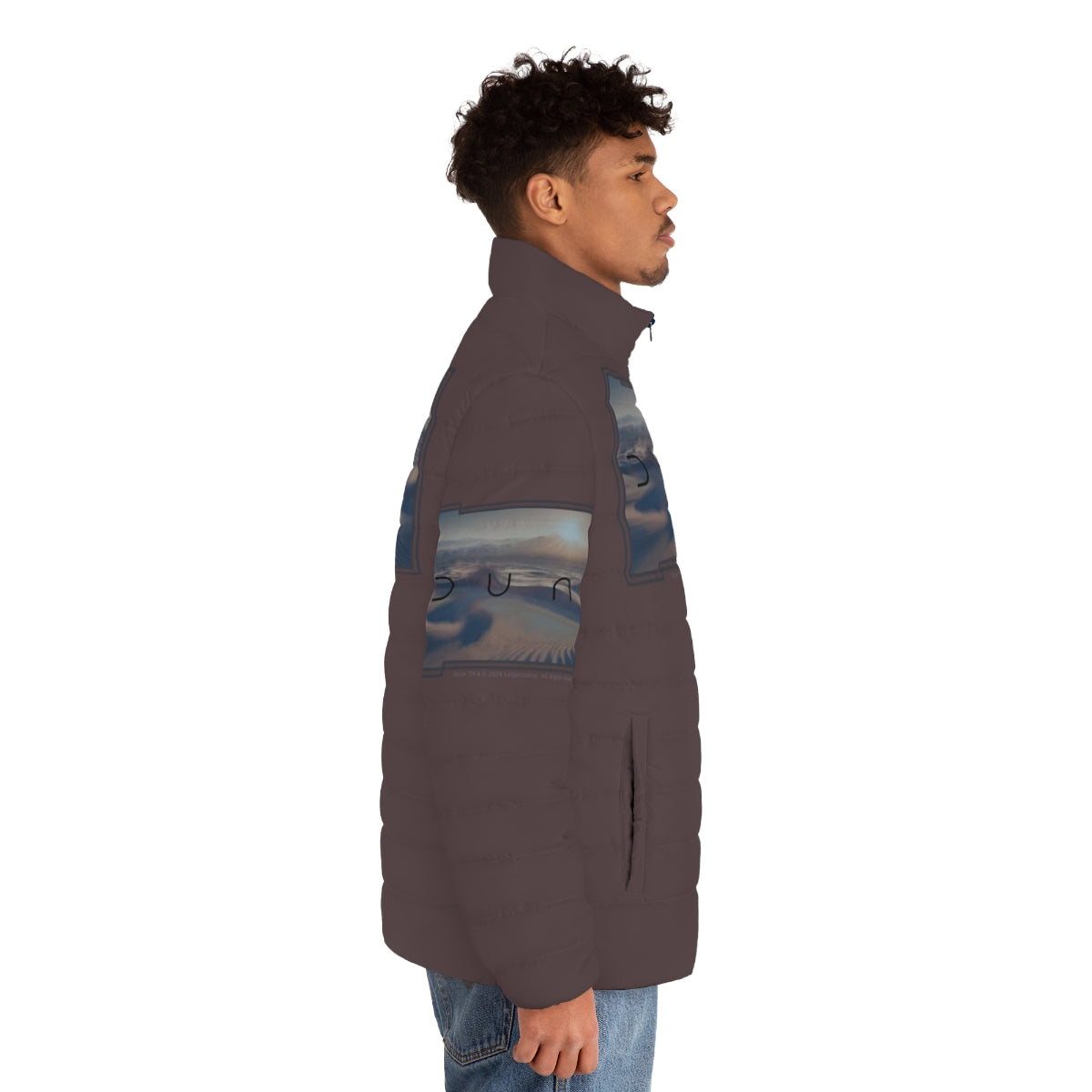 Dune-inspired desert puffer jacket with a cinematic sci-fi design - men side right