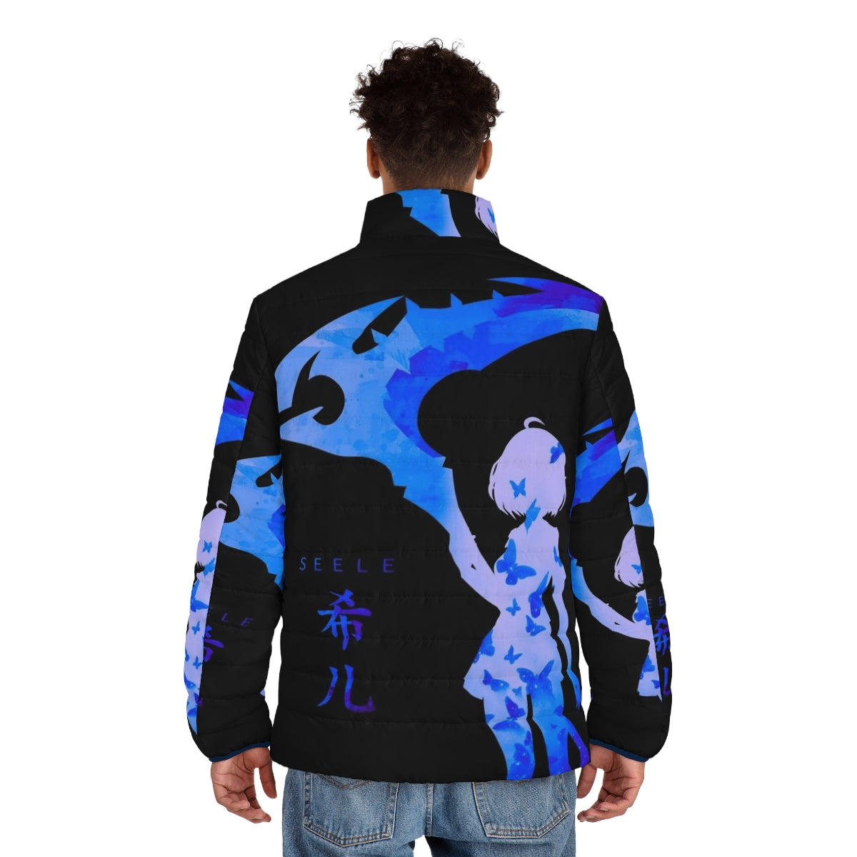 Blue puffer jacket with anime-style butterflies - men back