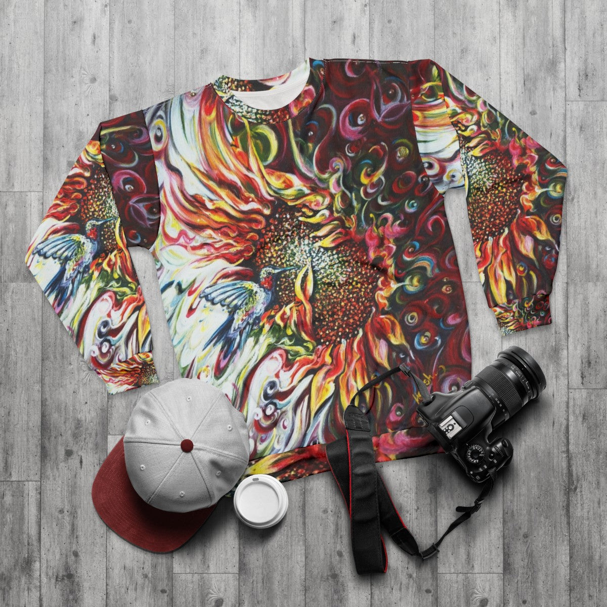 Colorful sunflowers and hummingbird nature sweatshirt - flat lay