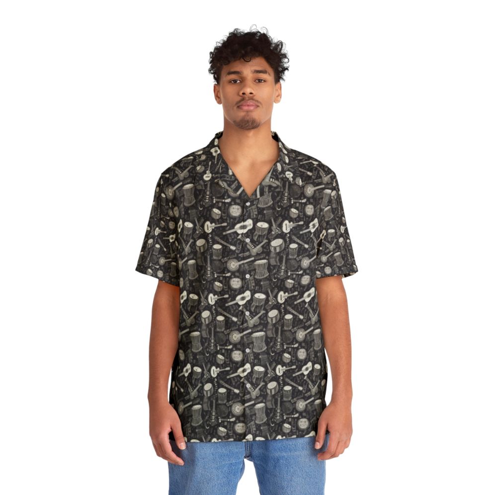 Black and white Hawaiian shirt with congo drums and guitars design - People Front