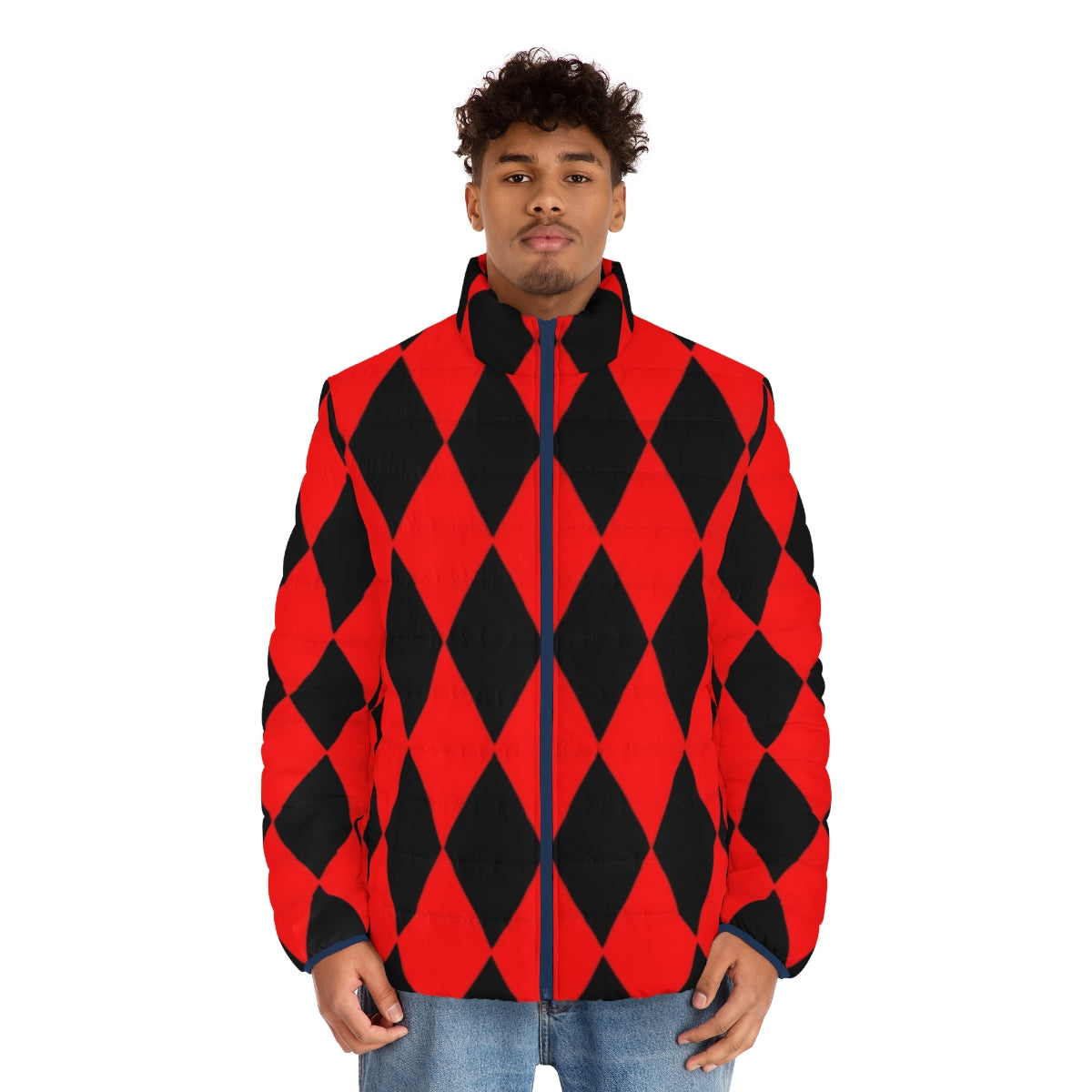 Red and black diamond patterned puffer jacket - men front