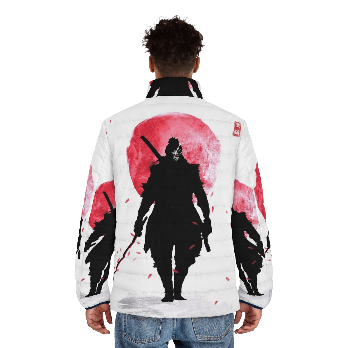 One-Armed Wolf Puffer Jacket with Sekiro and Dark Souls inspired design - men back