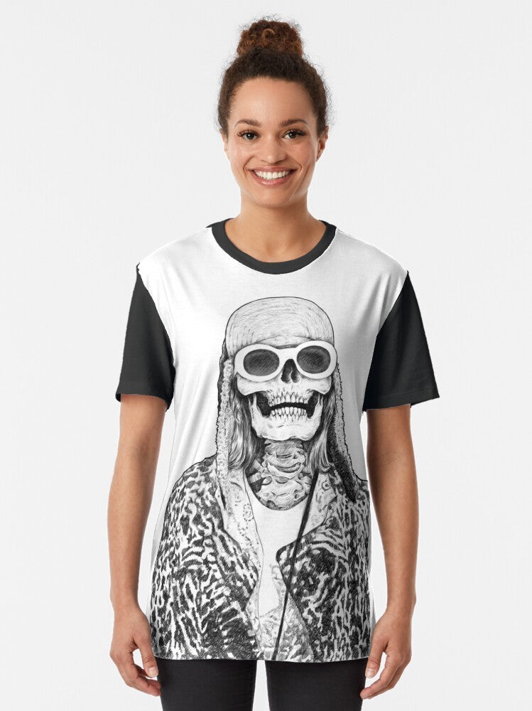 A graphic t-shirt featuring a skull design inspired by Kurt Cobain and Nirvana's grunge music. - Women