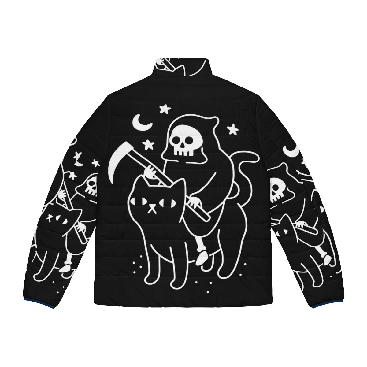 Puffer jacket with a death-themed black cat design - Back