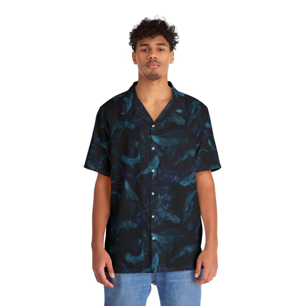 Indigo blue Hawaiian shirt with whale print design - People Front