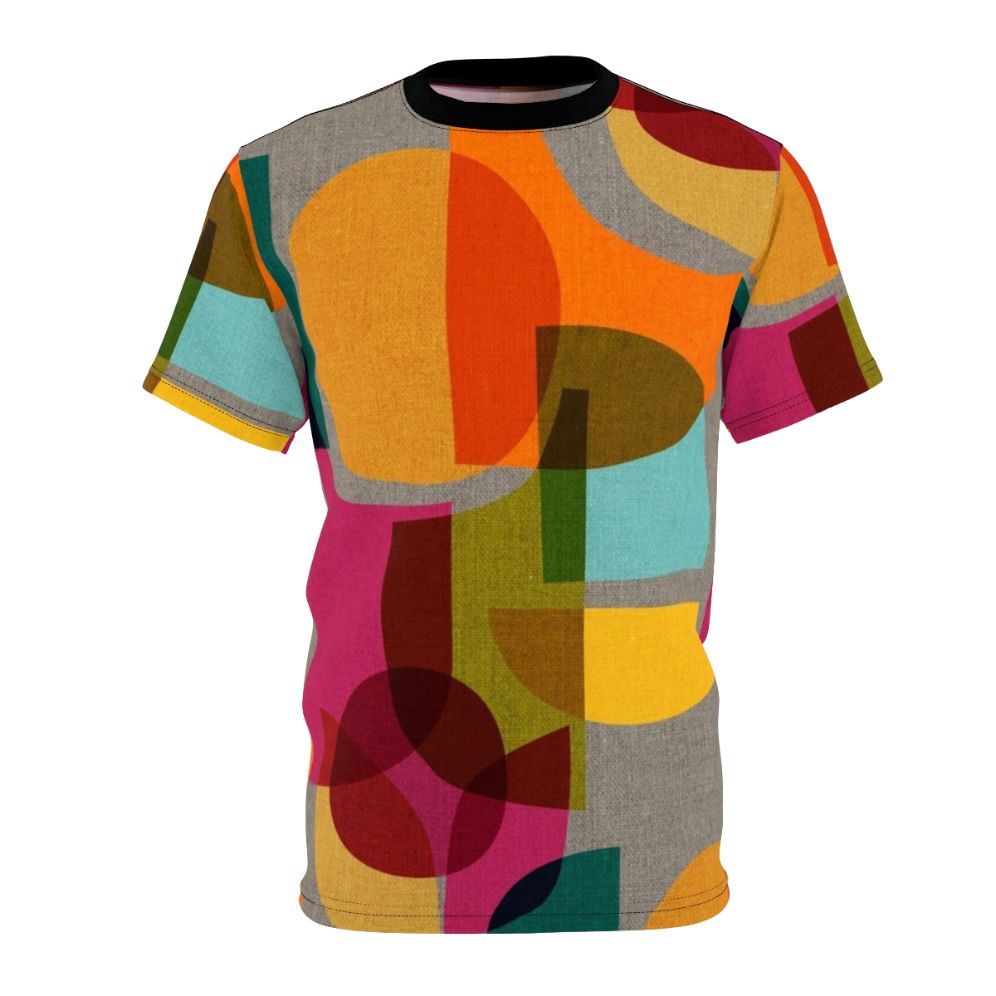 A vibrant mid-century inspired t-shirt featuring a kaleidoscope-like abstract geometric design in a rainbow of colors.