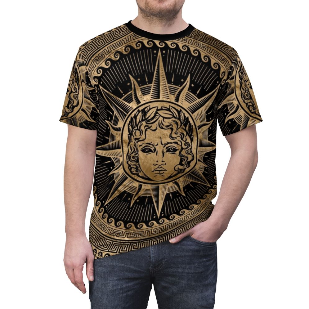 T-shirt featuring a golden depiction of the Greek sun god Apollo with a classical Greek key ornament pattern - men front