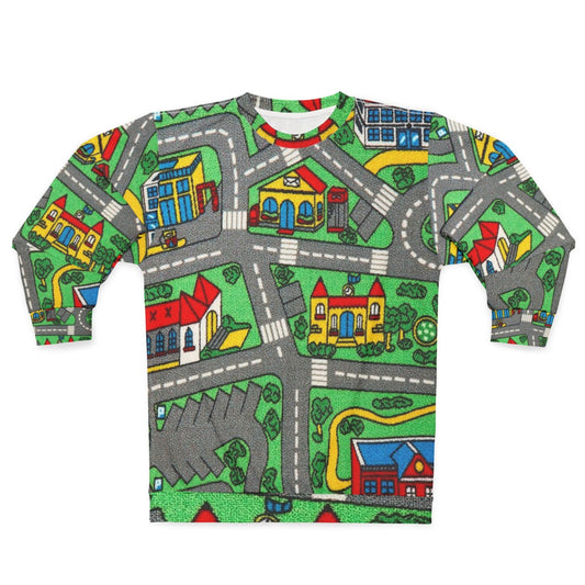 Children's sweatshirt with playmat design and car racing track