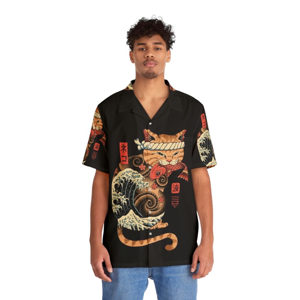 Catana Wave Hawaiian Shirt featuring a cat-inspired print inspired by the Great Wave off Kanagawa - People Front