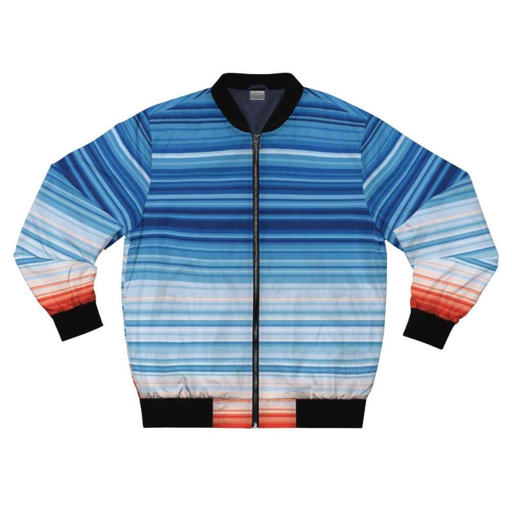 Warm striped bomber jacket with climate change awareness graphics