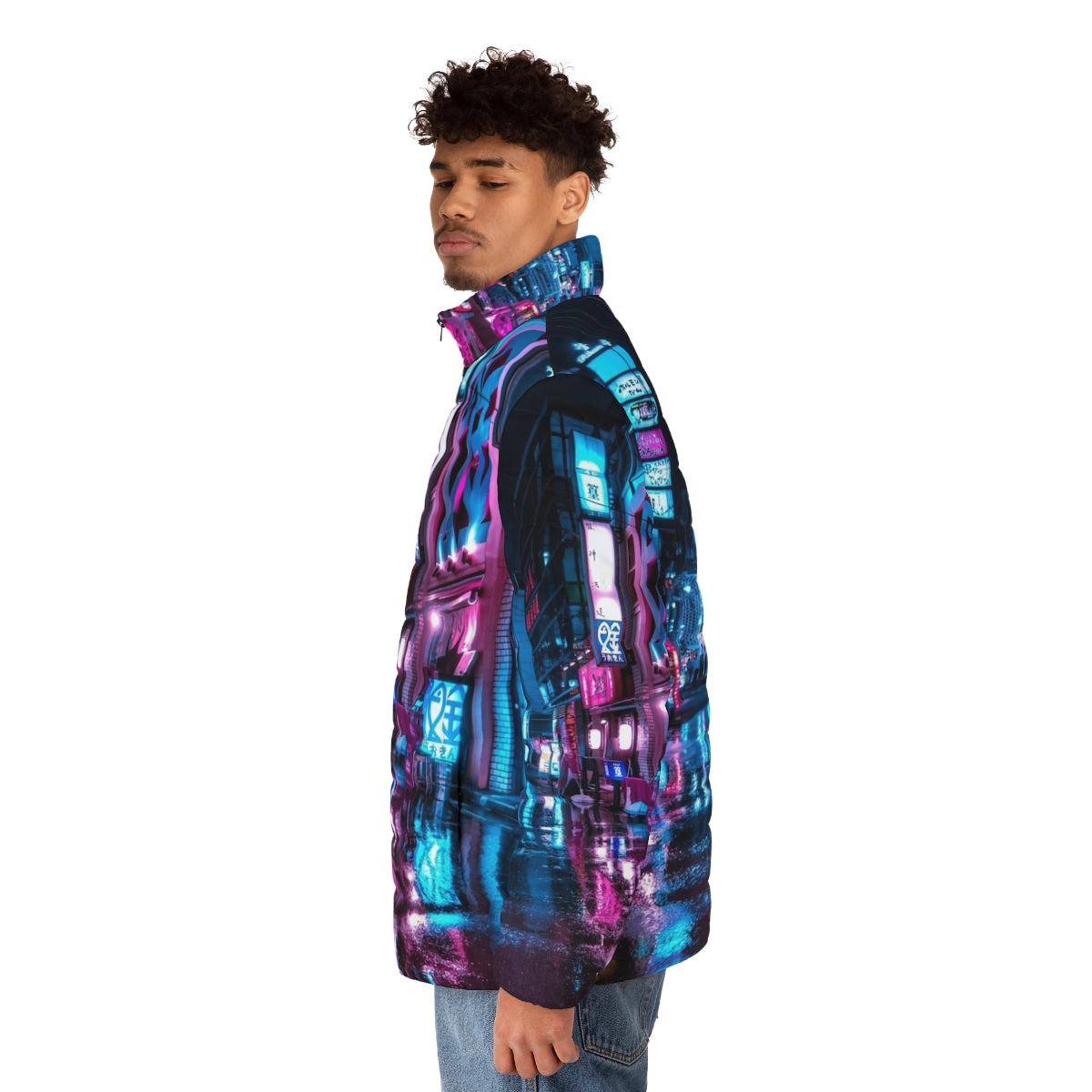 Tokyo Shimbashi puffer jacket with neon lights and cyberpunk city vibes - men side left