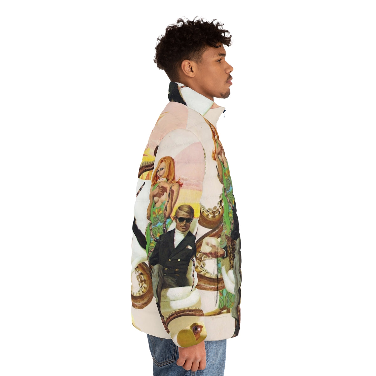 Agent Lovecraft cosmic horror inspired puffer jacket with surreal, pulp, and vintage design elements - men side right