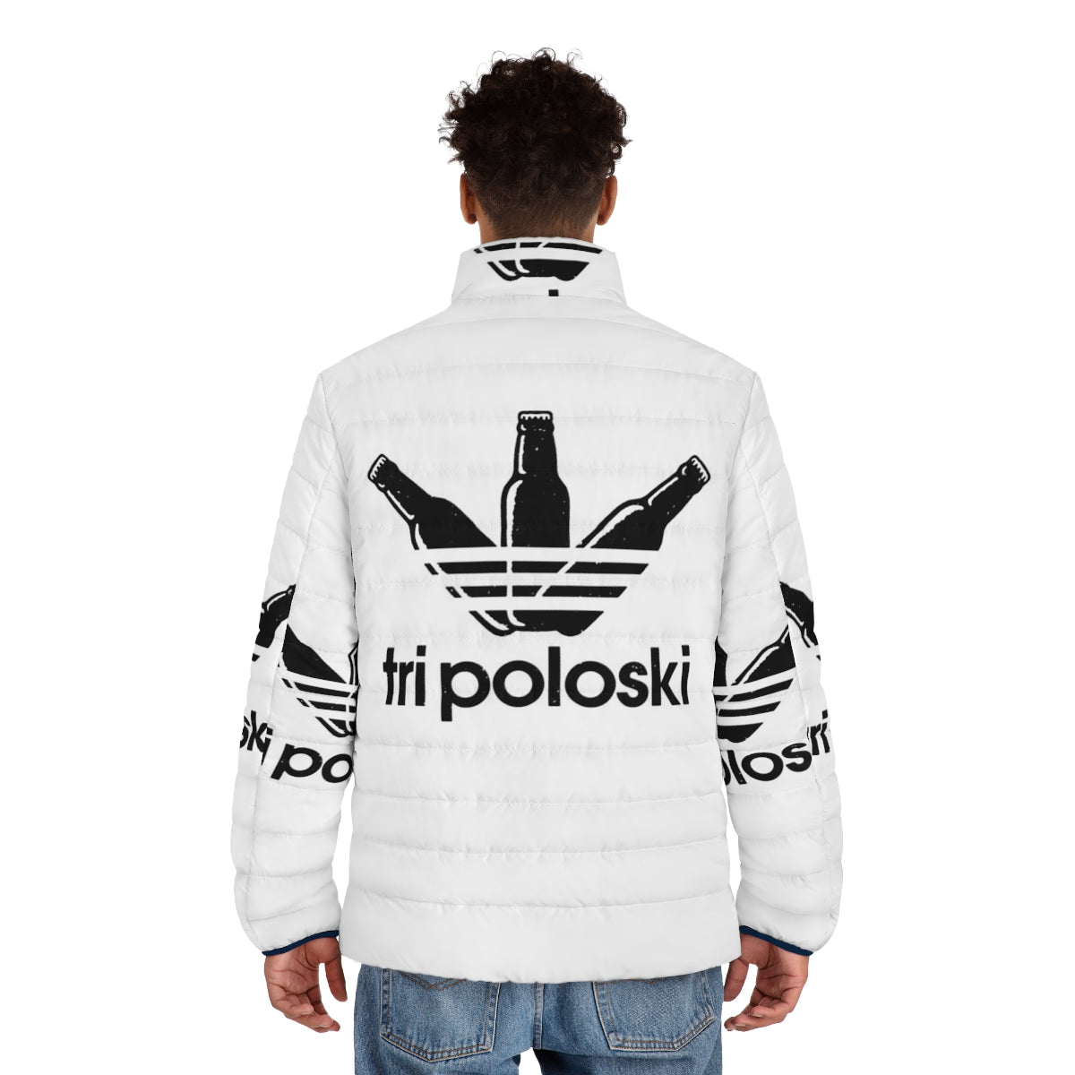 Tri Poloski Puffer Jacket featuring Slavic design and iconic three stripes - men back