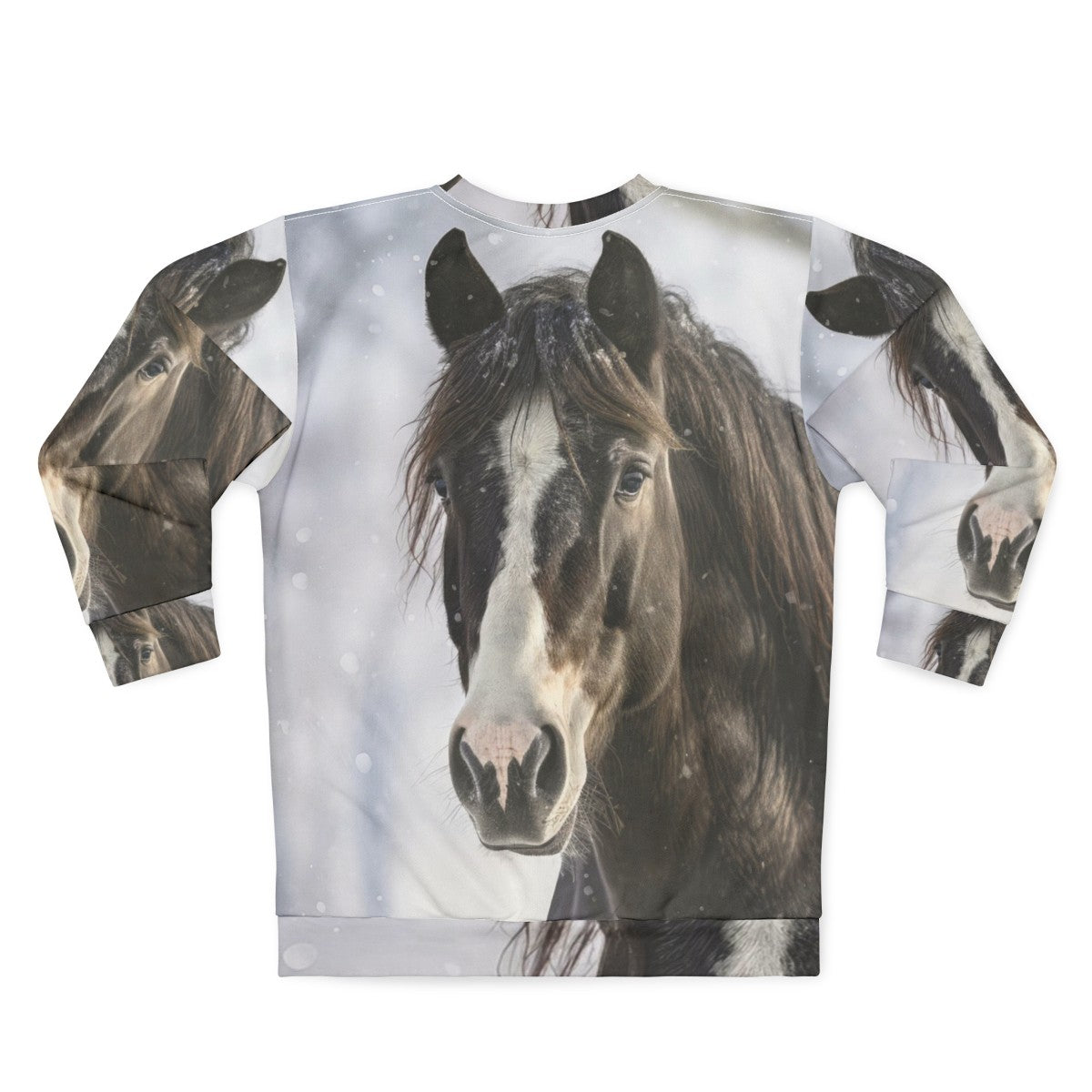 Black horse silhouette in winter scene on sweatshirt - Back