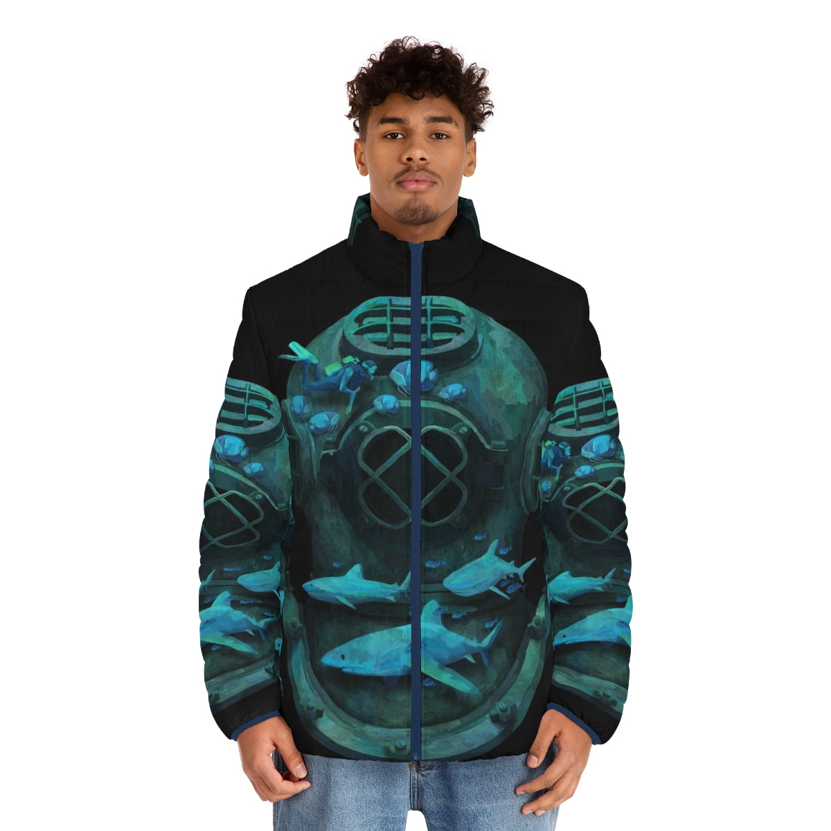 A whimsical puffer jacket featuring a deep diving design with marine life and underwater exploration - men front